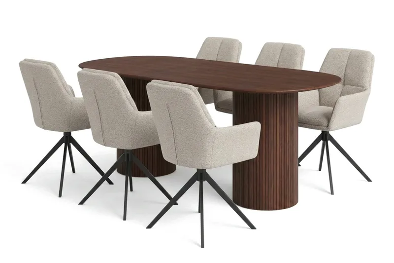 Kopparbo spisegruppe oval 180 cm valnød med 6 Torsby spisebordsstole, Valnød