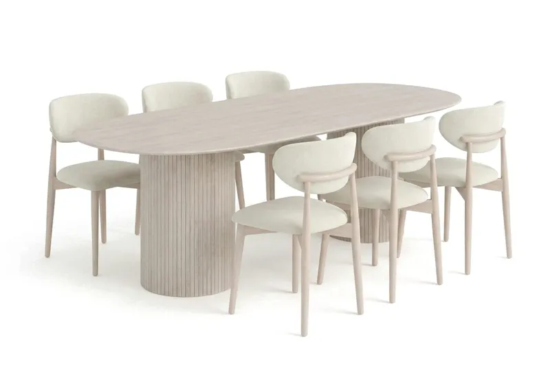Kopparbo spisegruppe oval 220 cm hvidlaseret med 6 Molly spisestole, Hvidlaseret