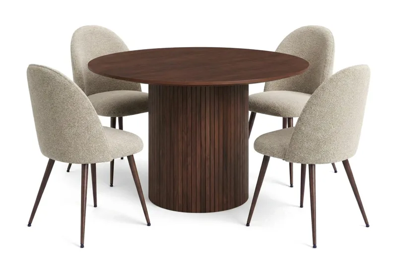 Kopparbo spisegruppe rund 110 cm, valnød med 4 Nibe Plus spisestole, Valnød