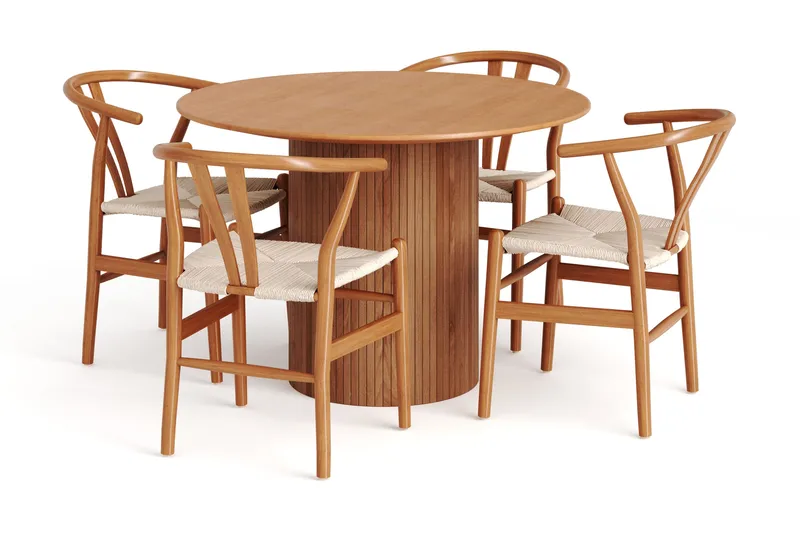 Kopparbo spisegruppe rund 110 cm eg med 4 Dastoori-spisestole, Eg