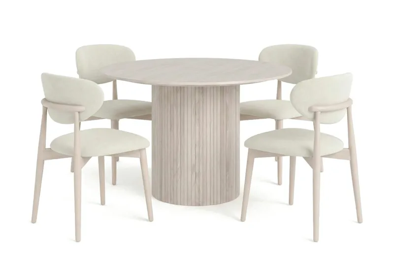 Kopparbo spisegruppe rund 110 cm hvidbejdset med 4 Molly-spisebordsstole, Hvidbejdset