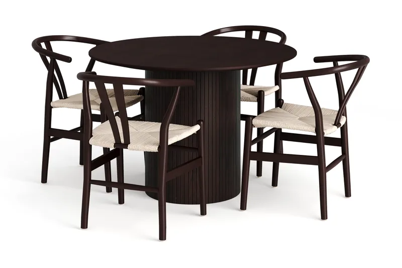 Kopparbo spisegruppe rund 110 cm røget eg med 4 Dastoori-spisestole, Røget eg