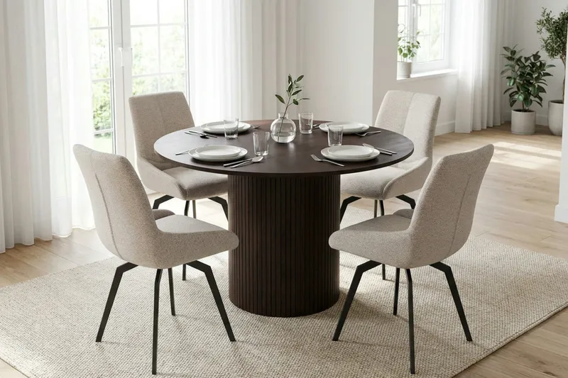 Kopparbo spisegruppe rund 110 cm røget eg med 4 Mora spisestole - Røget eg - Møbler - Borde - Spisebordssæt