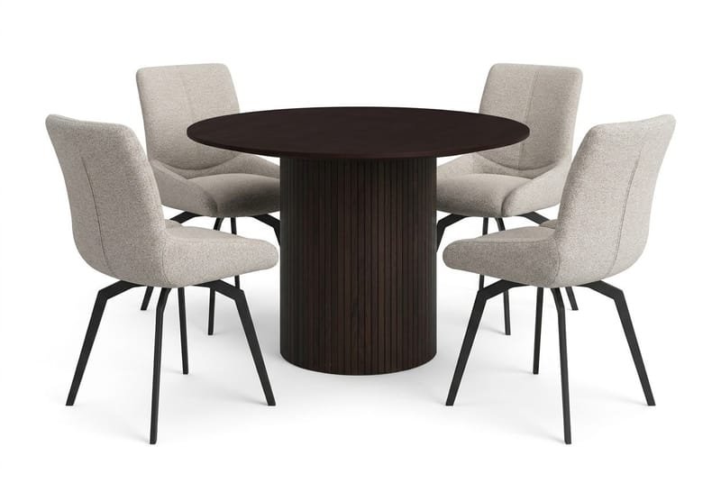 Kopparbo spisegruppe rund 110 cm røget eg med 4 Mora spisestole, Røget eg