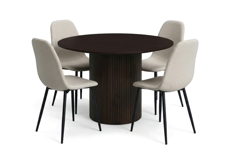 Kopparbo spisegruppe rund 110 cm røget eg med 4 Nibe spisestole, Røget eg