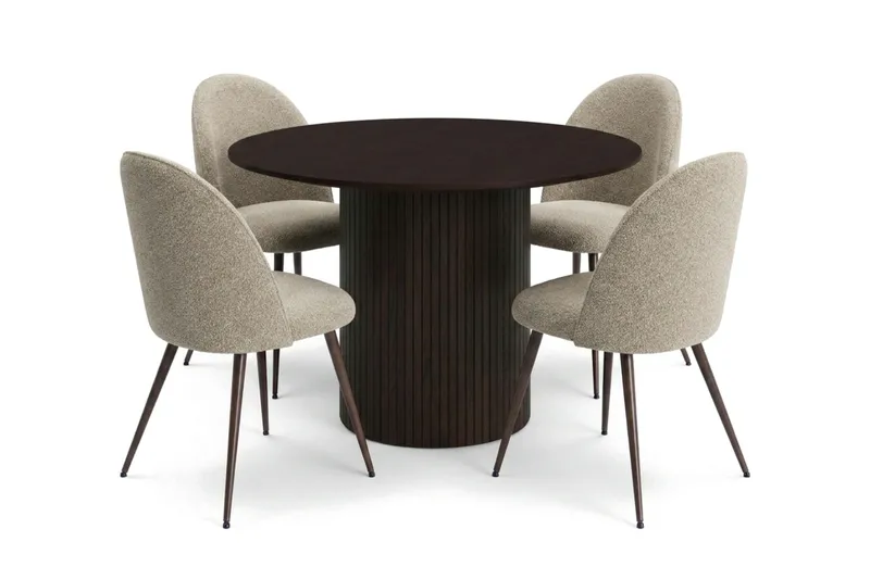 Kopparbo spisegruppe rund 110 cm røget eg med 4 Nibe Plus spisestole - Røget eg - Møbler - Borde - Spisebordssæt