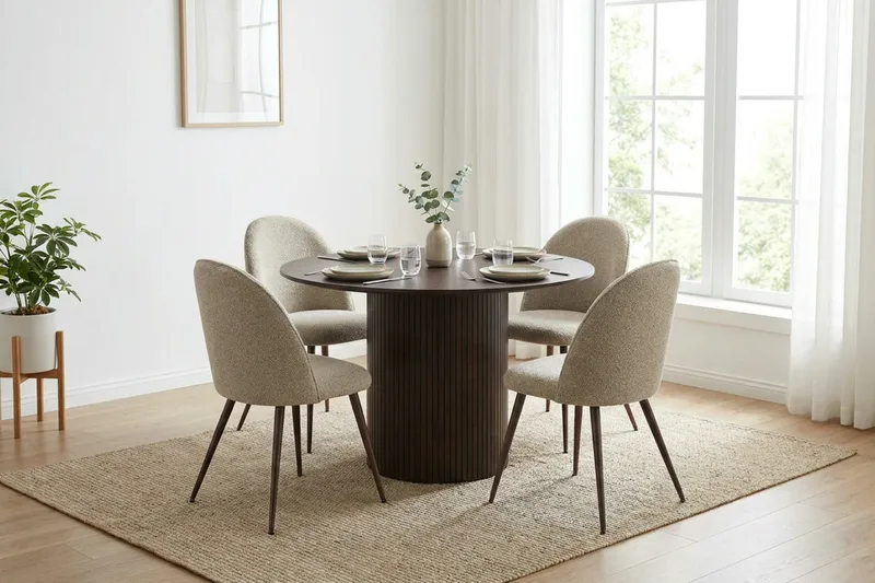Kopparbo spisegruppe rund 110 cm røget eg med 4 Nibe Plus spisestole - Røget eg - Møbler - Borde - Spisebordssæt