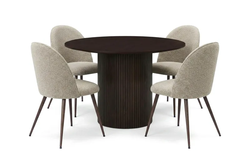 Kopparbo spisegruppe rund 110 cm røget eg med 4 Nibe Plus spisestole, Røget eg