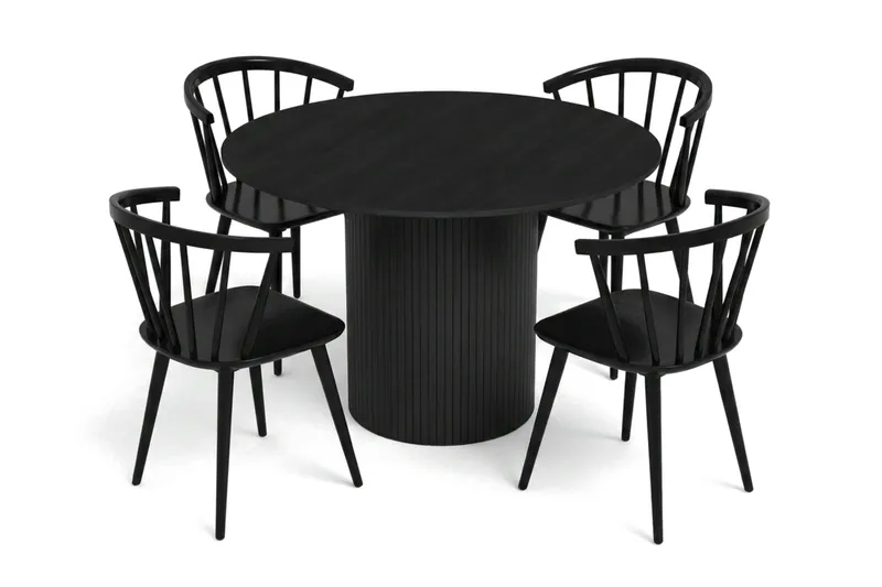 Kopparbo spisegruppe rund 110 cm sort med 4 Tyrö spisestole, Sort