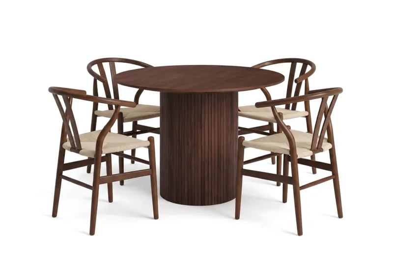 Kopparbo spisegruppe rund 110 cm valnød med 4 Dastoori spisestole, Valnød