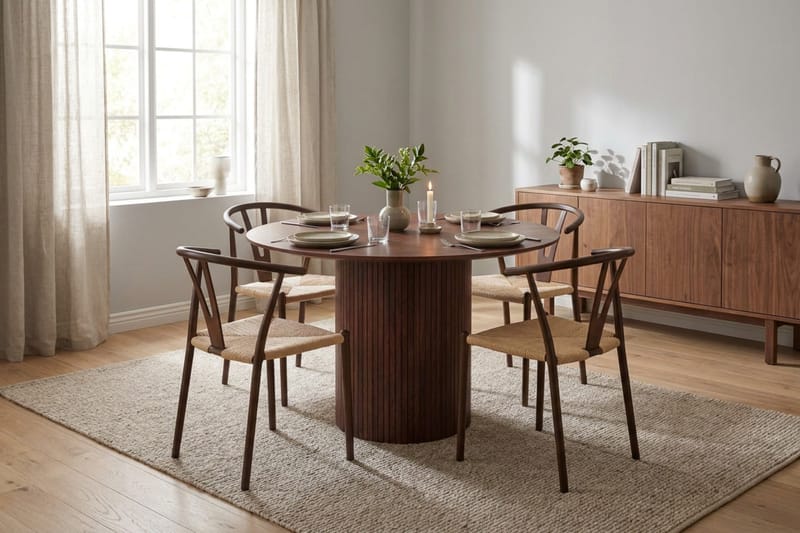 Kopparbo spisegruppe rund 110 cm valnød med 4 Elysia spisestole - Valnød - Møbler - Borde - Spisebordssæt