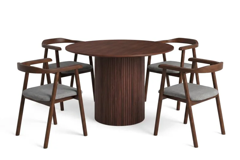 Kopparbo spisegruppe rund 110 cm valnød med 4 Jolie spisebordsstole, undefined