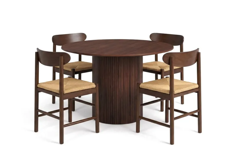 Kopparbo spisegruppe rund 110 cm valnød med 4 Malte spisebordsstole, undefined