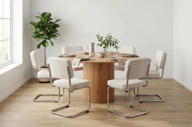 Kopparbo spisegruppe rund 130 cm eg med 6 Milva spisestole - Eg - Møbler - Borde - Spisebordssæt