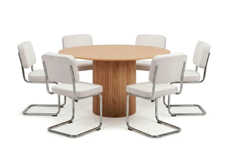 Kopparbo spisegruppe rund 130 cm eg med 6 Milva spisestole, Eg