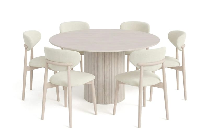 Kopparbo spisegruppe rund 130 cm hvidlaseret med 6 Molly spisebordsstole, Hvidlaseret