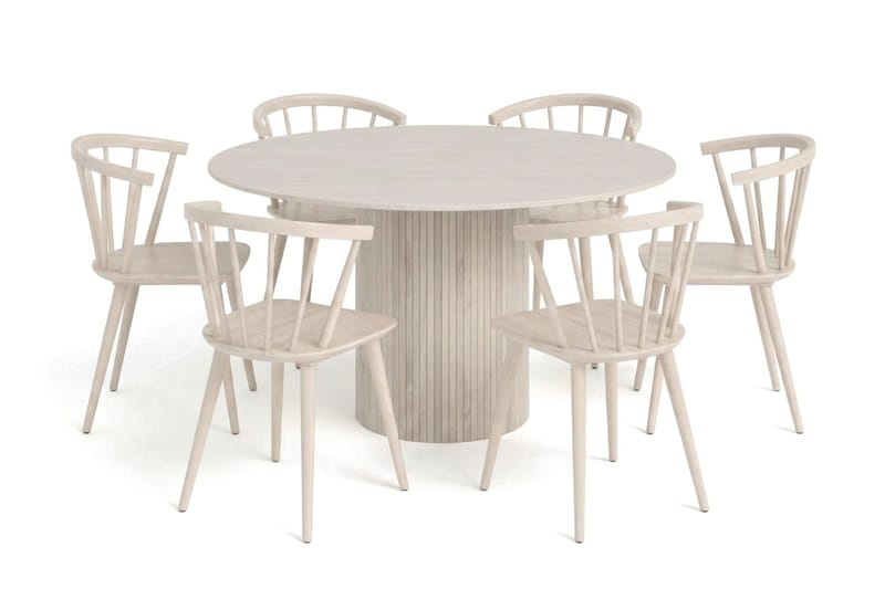 Kopparbo spisegruppe rund 130 cm hvidlaseret med 6 Tyrö spisestole, Hvidlaseret