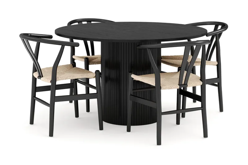 Kopparbo Spisegruppe Rund 130 cm med 4 Dastoori Spisestol, Sort