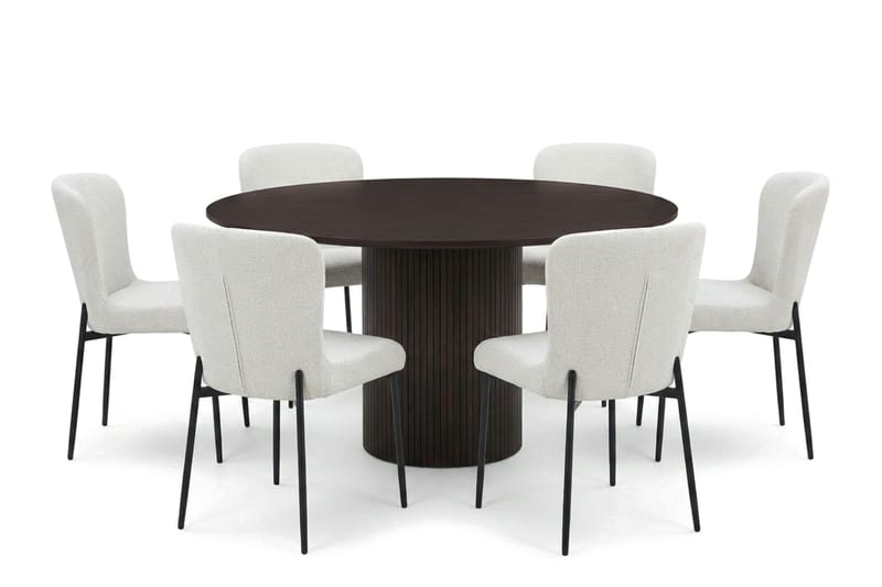 Kopparbo spisegruppe rund 130 cm røget eg med 6 Elsie spisestole - Røget eg/Hvid - Møbler - Borde - Spisebordssæt
