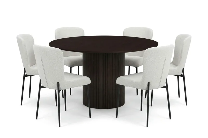 Kopparbo spisegruppe rund 130 cm røget eg med 6 Elsie spisestole, Røget eg/Hvid