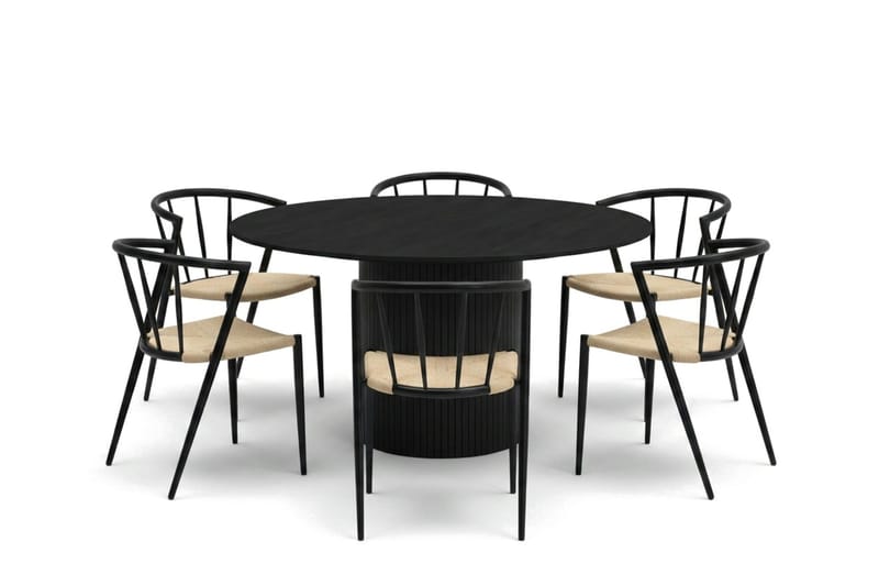 Kopparbo spisegruppe rund 130 cm sort med 6 Winston spisestole - Sort - Møbler - Borde - Spisebordssæt
