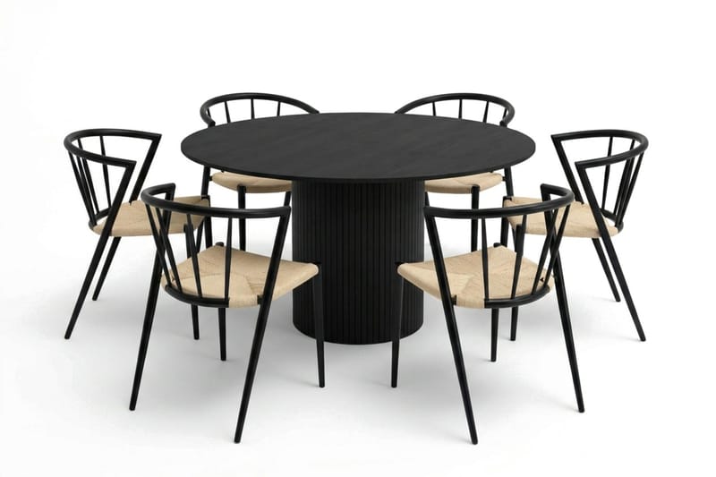 Kopparbo spisegruppe rund 130 cm sort med 6 Winston spisestole, Sort