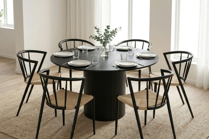Kopparbo spisegruppe rund 130 cm sort med 6 Winston spisestole - Sort - Møbler - Borde - Spisebordssæt