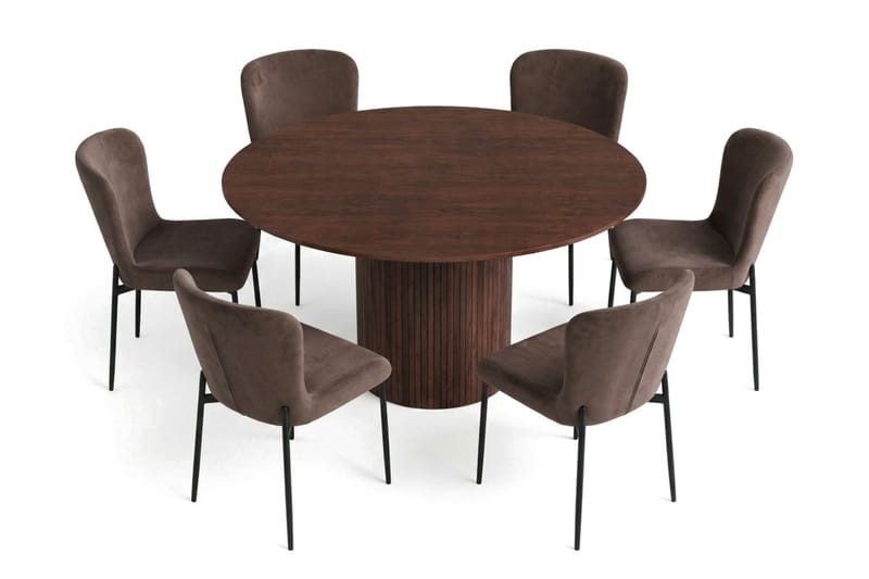 Kopparbo spisegruppe rund 130 cm valnød med 6 Elsie spisestole - Valnød/Brun - Møbler - Borde - Spisebordssæt