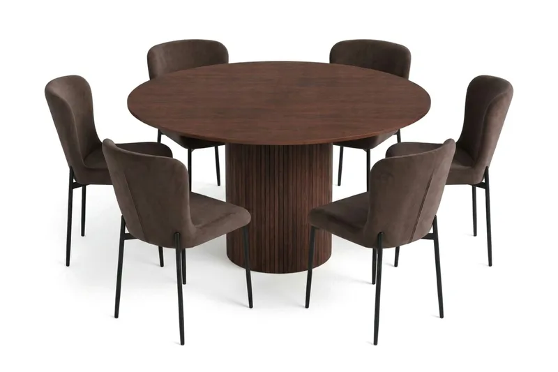 Kopparbo Spisegruppe Rund 130 cm Valnød med 6 Elsie Spisestole, Valnød/Brun
