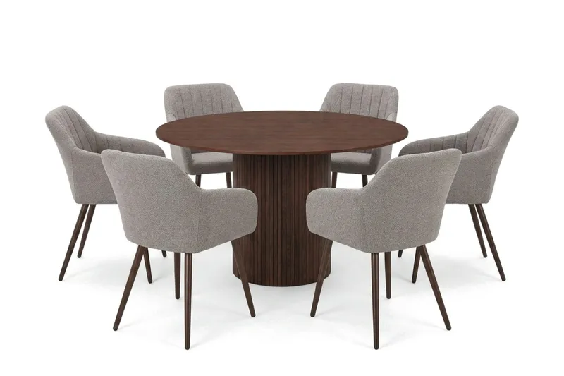 Kopparbo spisegruppe rund 130 cm valnød med 6 Filippa-spisebordsstole, Valnød