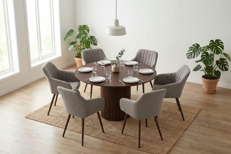 Kopparbo spisegruppe rund 130 cm valnød med 6 Filippa-spisebordsstole - Valnød - Møbler - Borde - Spisebordssæt