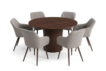 Kopparbo spisegruppe rund 130 cm valnød med 6 Filippa-spisebordsstole - Valnød - Møbler - Borde - Spisebordssæt