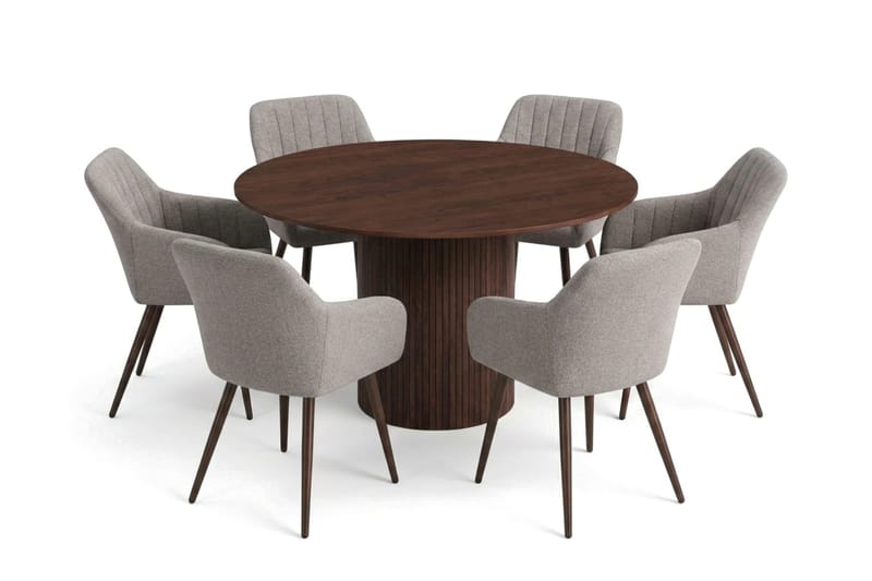 Kopparbo spisegruppe rund 130 cm valnød med 6 Filippa-spisebordsstole - Valnød - Møbler - Borde - Spisebordssæt