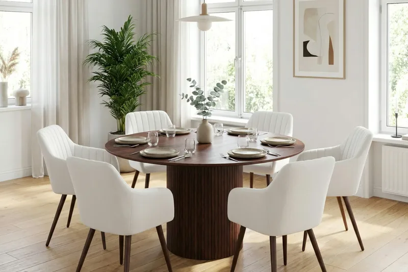 Kopparbo spisegruppe rund 130 cm valnød med 6 Filippa spisestole - Valnød - Møbler - Borde - Spisebordssæt