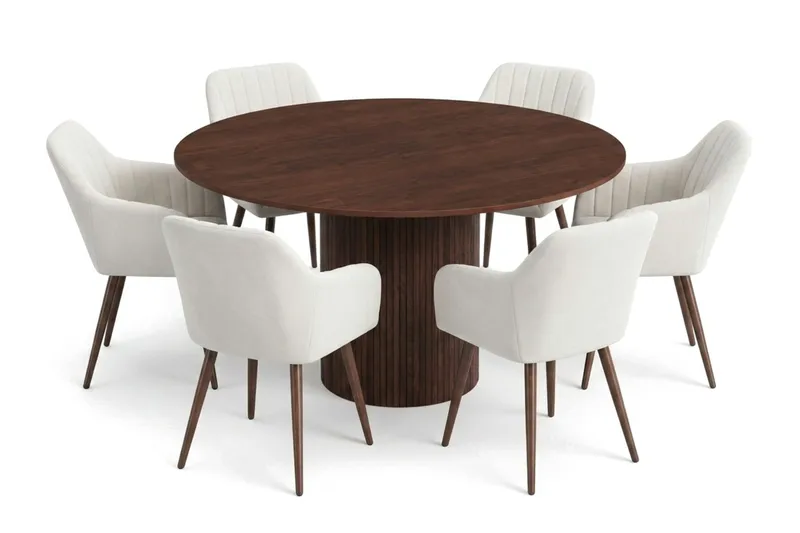 Kopparbo spisegruppe rund 130 cm valnød med 6 Filippa spisestole - Valnød - Møbler - Borde - Spisebordssæt