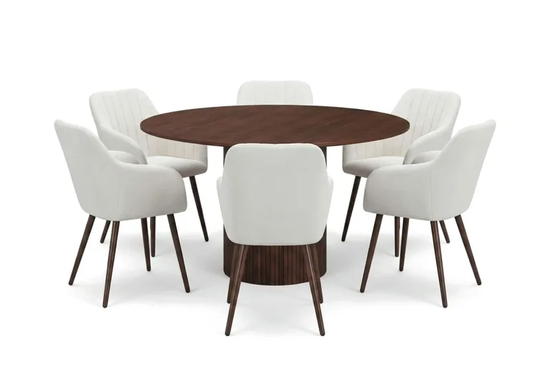 Kopparbo spisegruppe rund 130 cm valnød med 6 Filippa spisestole, Valnød