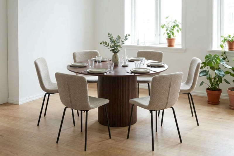 Kopparbo spisegruppe rund 130 cm valnød med 6 Katy spisestole - Valnød - Møbler - Borde - Spisebordssæt