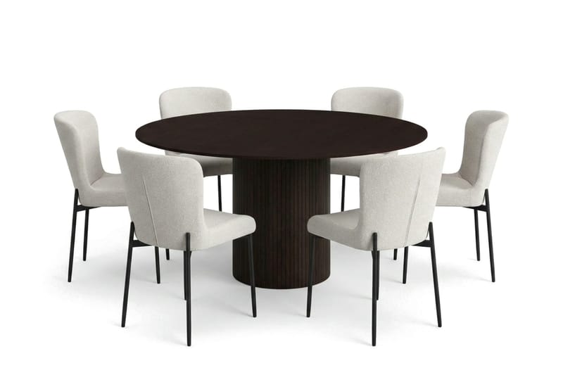 Kopparbo spisegruppe rund 150 cm røget eg med 6 Elsie spisestole, Røget eg/Hvid