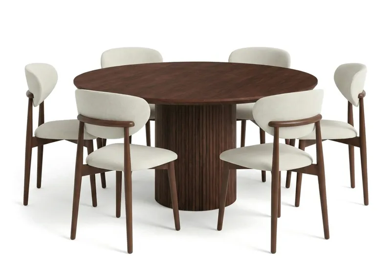 Kopparbo spisegruppe rund 150 cm valnød med 6 Molly spisestole, Valnød