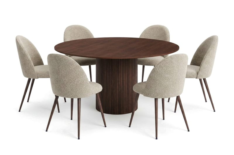 Kopparbo Spisegruppe rund 150 cm Valnød med 6 Nibe Plus Spisestole, Valnød