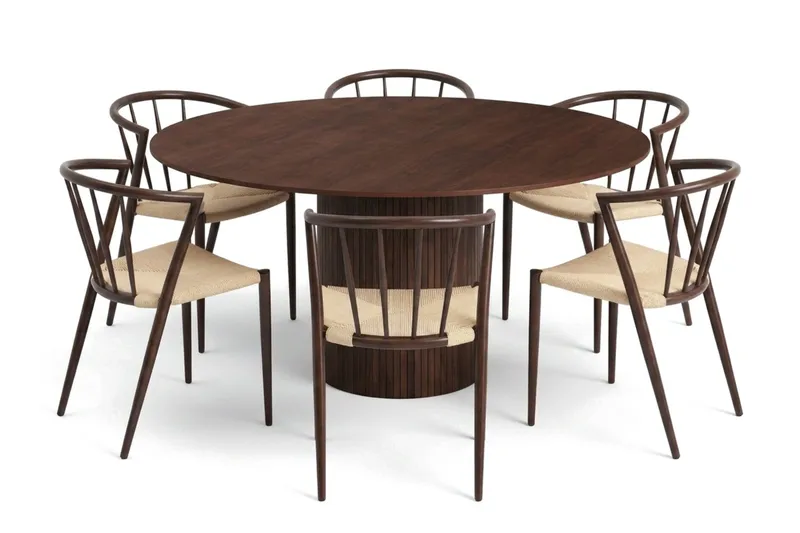 Kopparbo spisegruppe rund 150 cm valnød med 6 Winston spisestole, Valnød