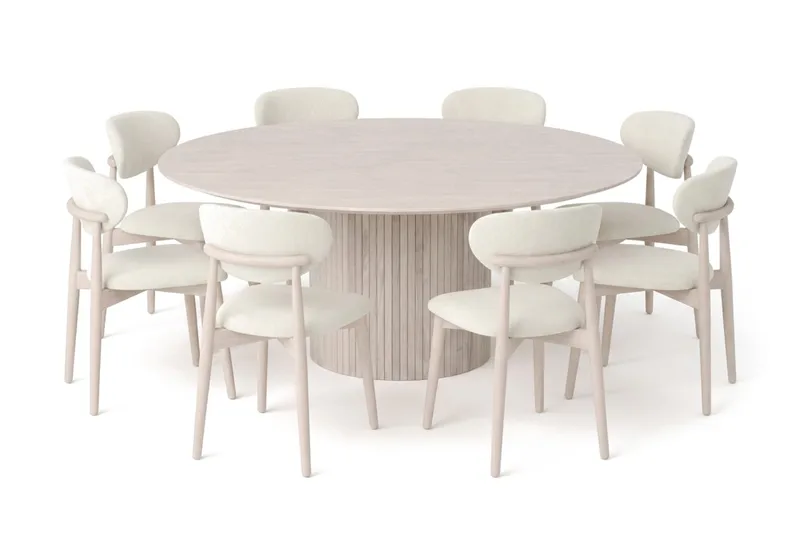 Kopparbo spisegruppe rund 180 cm hvidlaseret med 8 Molly-spisestole, Hvidlaseret