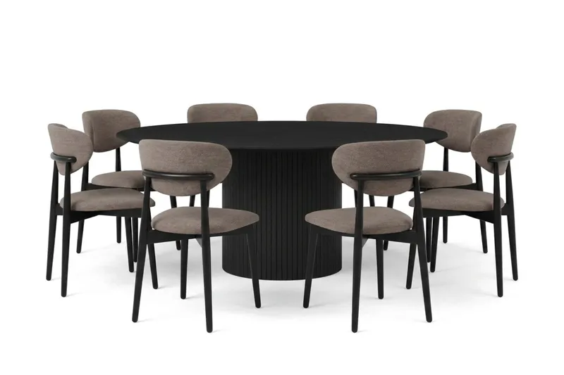 Kopparbo spisegruppe rund 180 cm sort med 8 Molly-spisestole, Sort