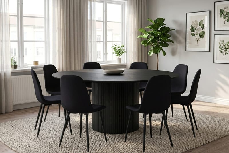 Kopparbo spisegruppe rund 180 cm sort med 8 Nibe spisestole - Sort - Møbler - Borde - Spisebordssæt