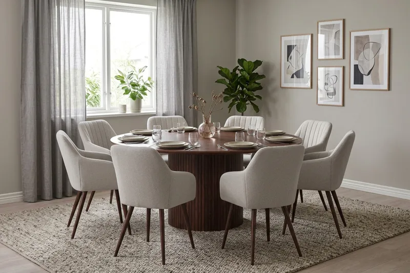Kopparbo spisegruppe rund 180 cm valnød med 8 Filippa spisestole - Valnød - Møbler - Borde - Spisebordssæt