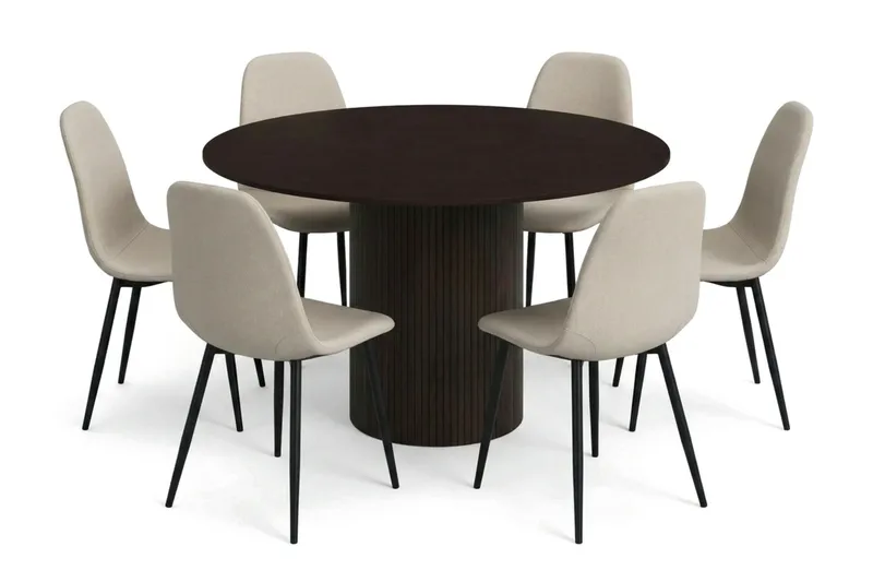 Kopparbo spisegruppe rundt 130 cm røget eg med 6 Nibe spisebordsstole, Røget eg