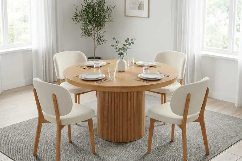 Kopparbo spisegruppe udtrækkelig rund 120-220 cm i eg med 4 Eira spisestole - Eg - Møbler - Borde - Spisebordssæt