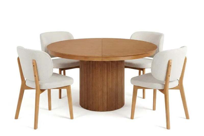 Kopparbo spisegruppe udtrækkelig rund 120-220 cm i eg med 4 Eira spisestole, Eg