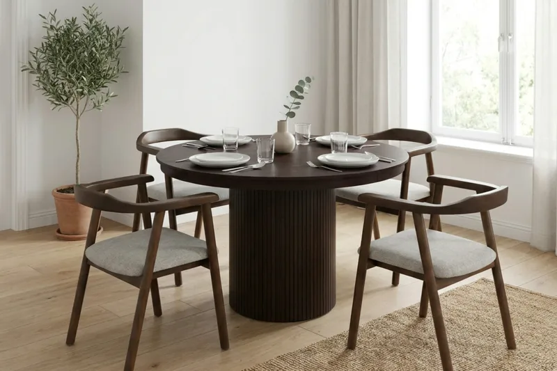 Kopparbo spisegruppe udtrækkelig rund 120-220 cm røget eg med 4 Jolie spisebordsstole - Møbler - Borde - Spisebordssæt