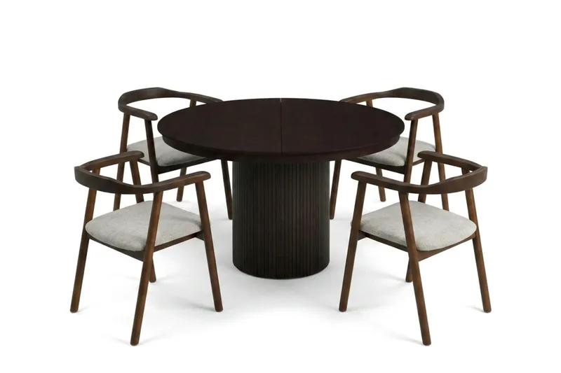 Kopparbo spisegruppe udtrækkelig rund 120-220 cm røget eg med 4 Jolie spisebordsstole, undefined